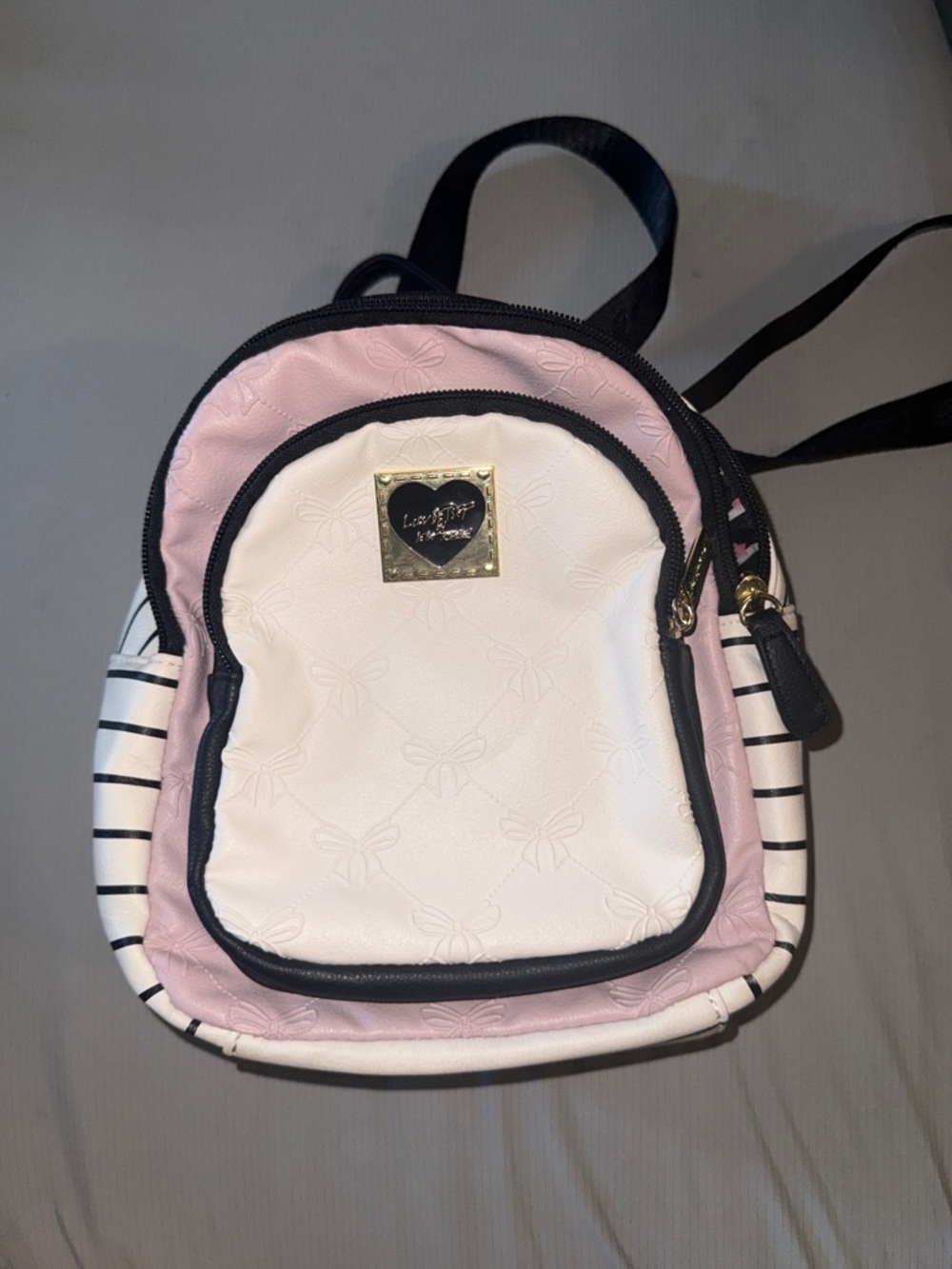 Betsey Johnson Pink, White & Black Mini Backpack with Striped Sides